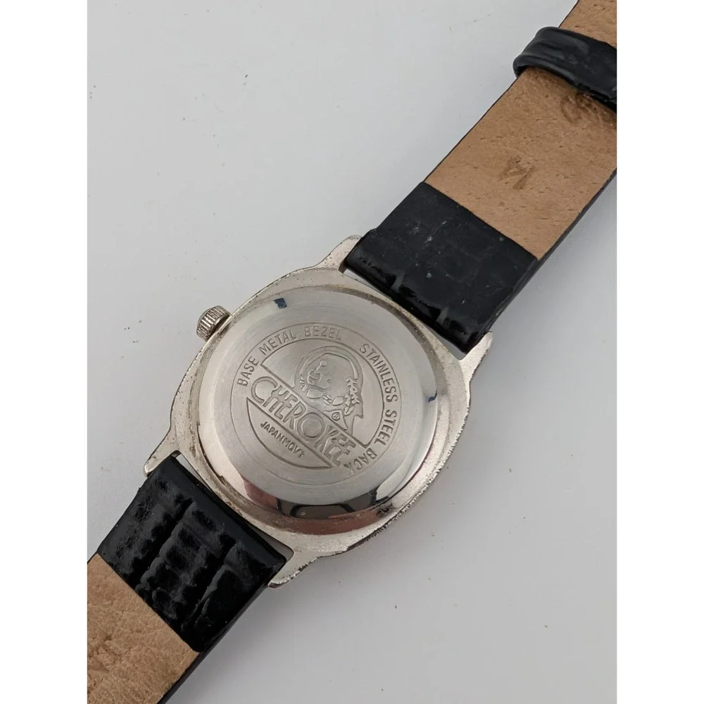 Vintage Cherokee Watch Women‎ 23mm Silver Case Black Leather Band- New Battery